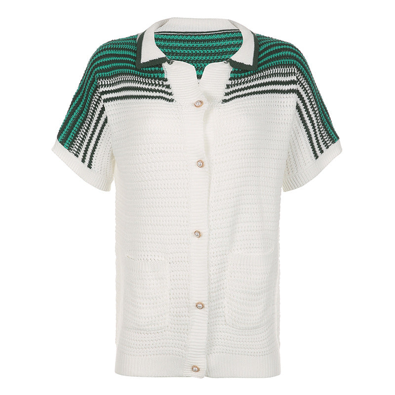 Women's Knitted Lapel Breasted Loose Striped Wool Contrast Color Top