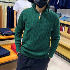 Long Sleeve Pullover Half Zipper Twisted Casual Solid Color Men's Sweater