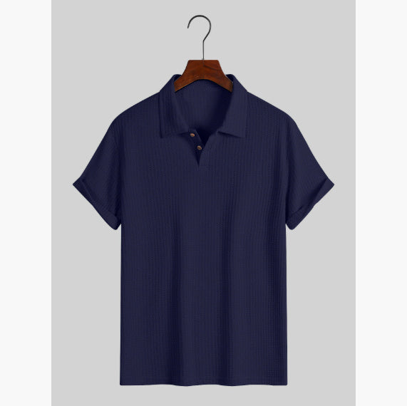 Men's Coat Lapel Rhombus Knit Casual Loose Short Sleeve Shirt