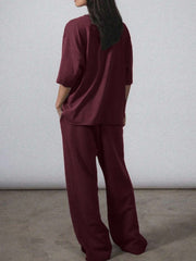 2pcs Women Solid Color Crew Neck Short Sleeve Top And Long Pants Casual Outfit