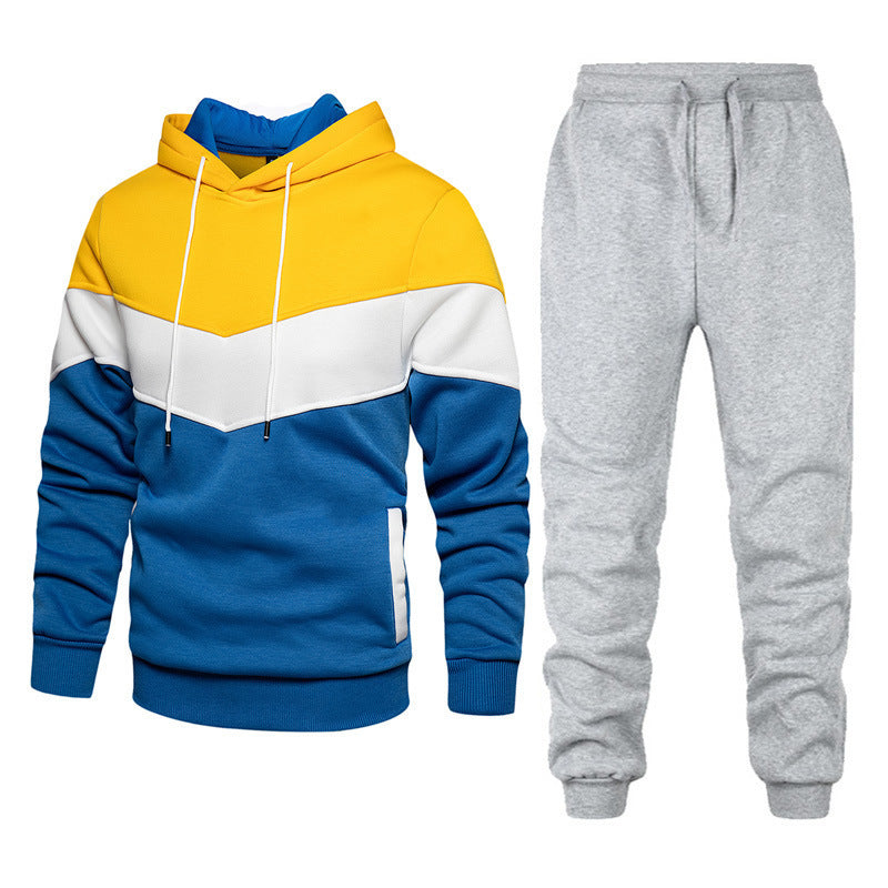 Fashion Colorblock Stitching Suit Hooded Running Outdoors Sports Cross-border Suit Men's Sweater
