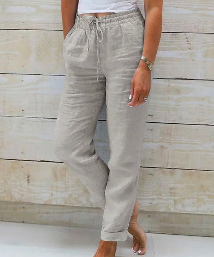 Summer Elastic Waist Solid Color Cotton Linen Wide Leg Pants Loose Pants Women's Clothing