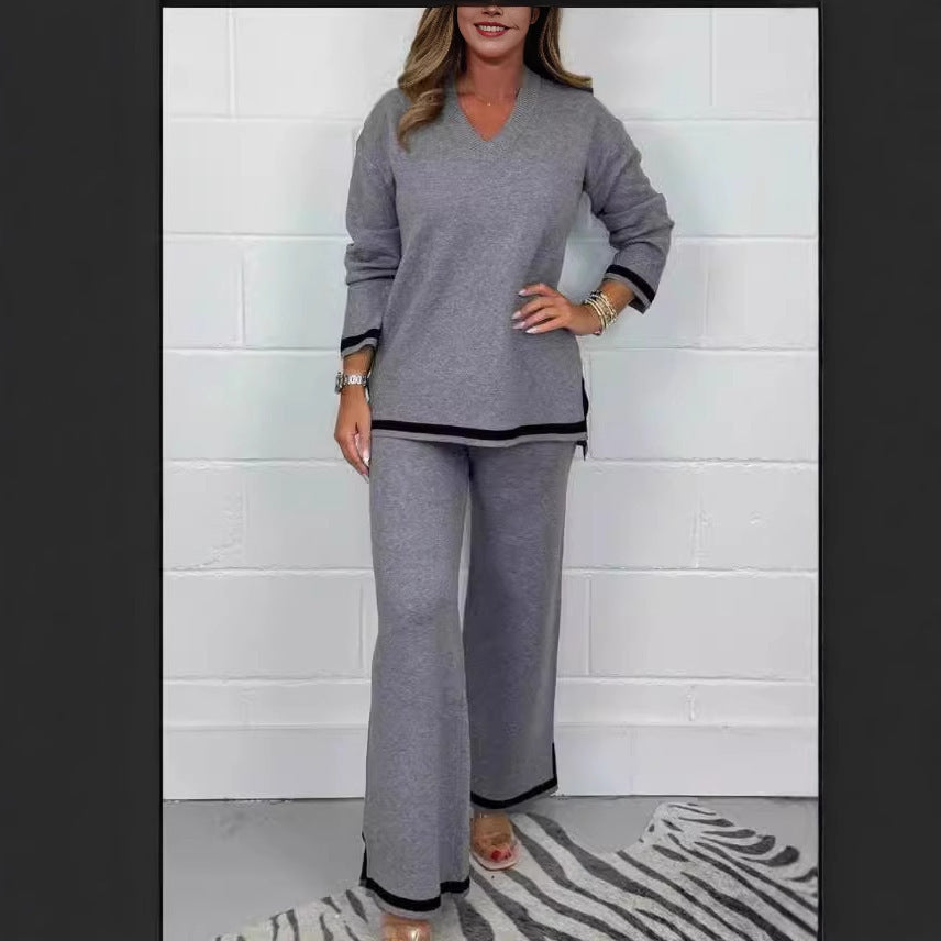 Autumn And Winter Temperament Leisure Solid Color Knitted Long Sleeve Trousers Suit