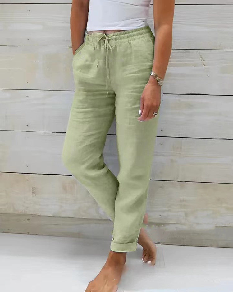 Summer Elastic Waist Solid Color Cotton Linen Wide Leg Pants Loose Pants Women's Clothing