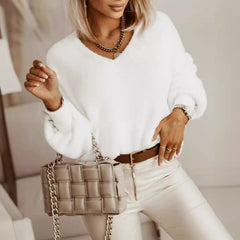European And American V-neck Solid Color Loose Temperament Knitted All-matching Sweater