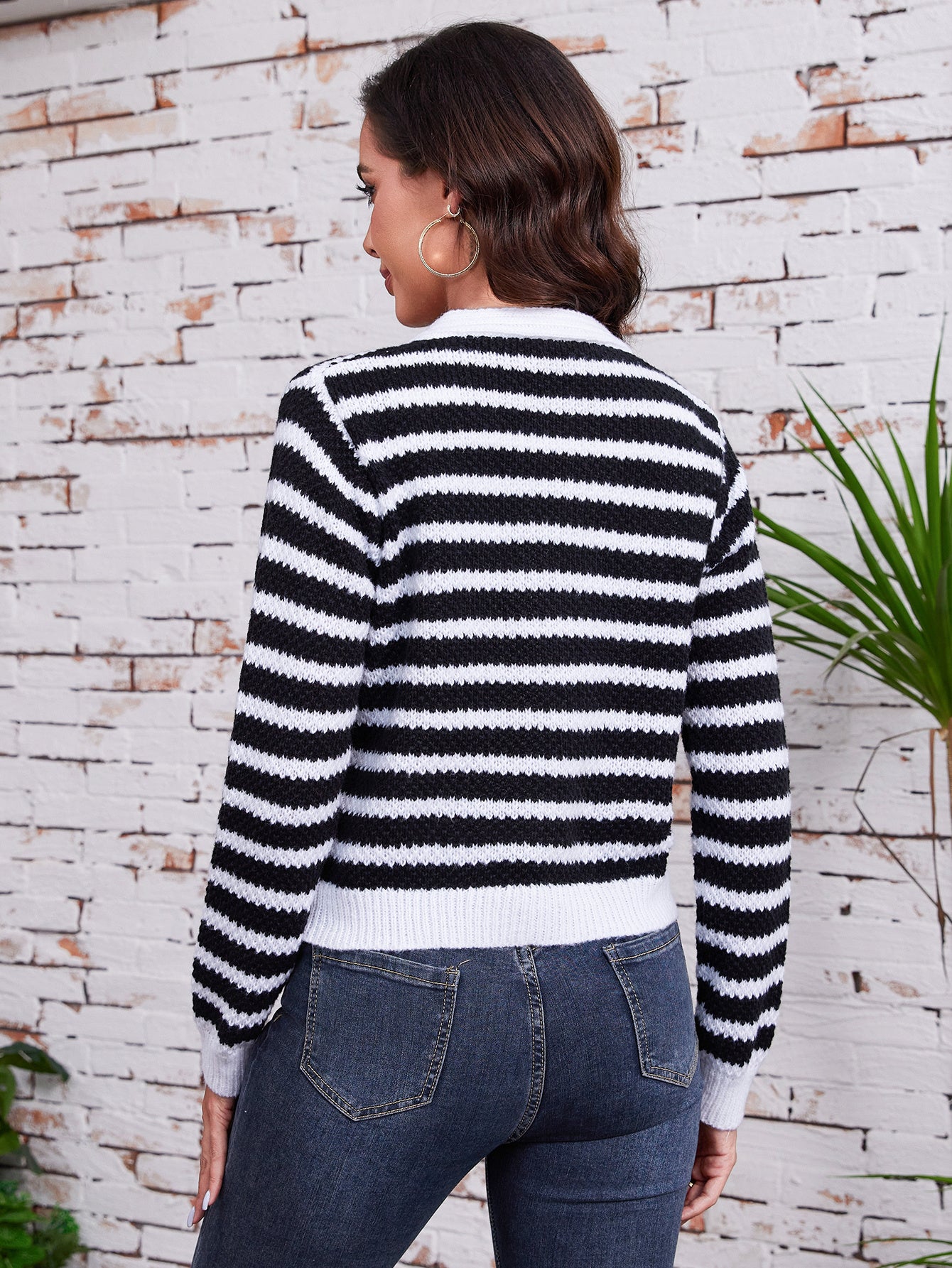 Women's Long Sleeved Striped Cardigan Sweater Top