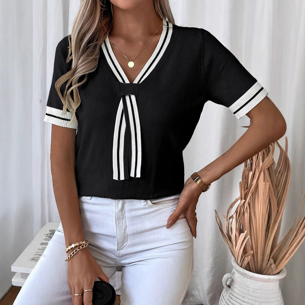 Women's Contrast Color V-neck Short Top Sweater