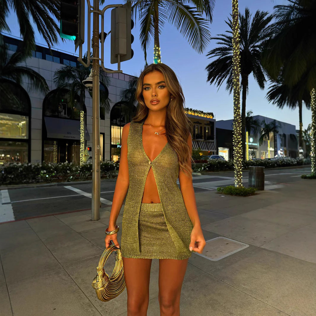 Women's Solid Color Sparkling Bead Cardigan Vest Skirt Set