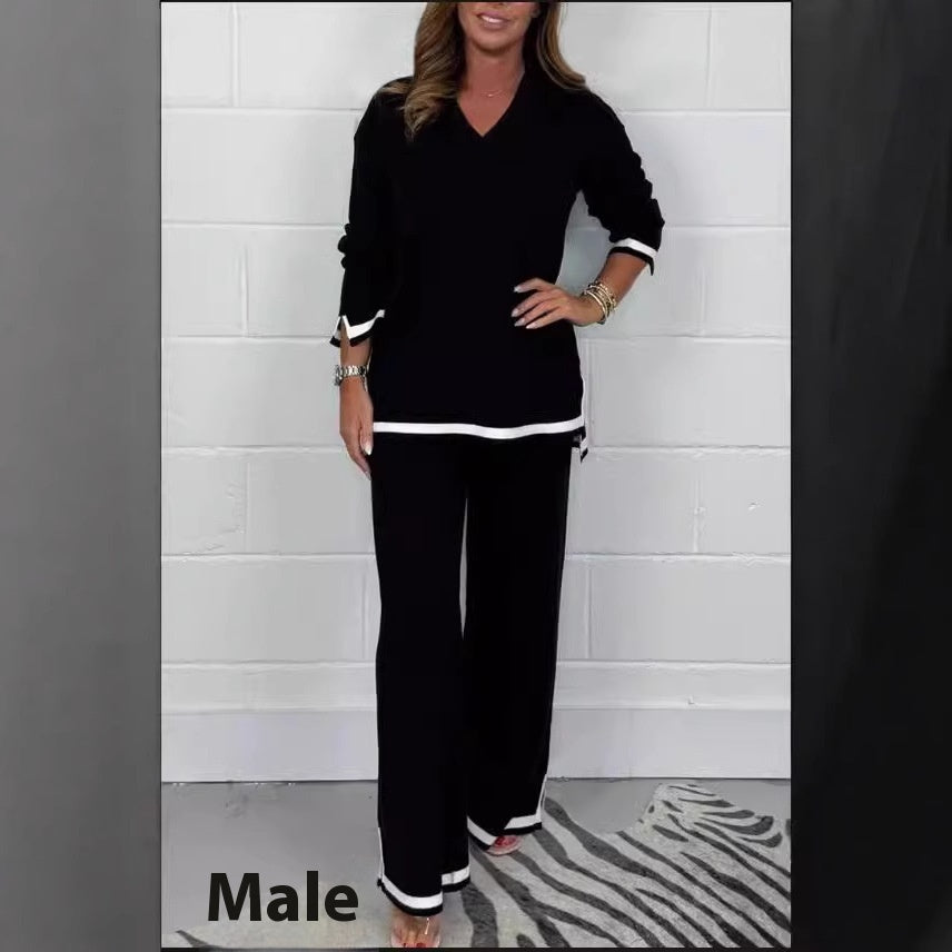 Autumn And Winter Temperament Leisure Solid Color Knitted Long Sleeve Trousers Suit