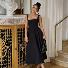 Square-neck Sleeveless Waist Trimming Sling Dress