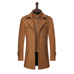 Men's Woolen Coat Double Collar Standard Vertical Zipper Coat Jacket