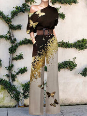 European American Fashion Floral Print One-shoulder High Waist Jumpsuit For Women