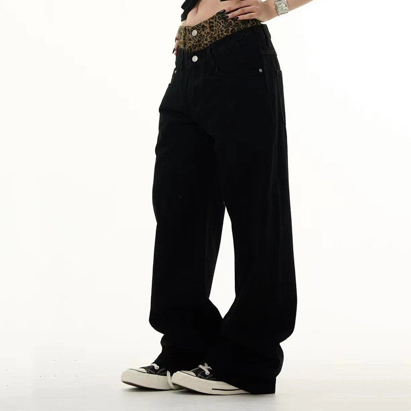 Leopard Print Stitching Waist Head Niche Design Trousers