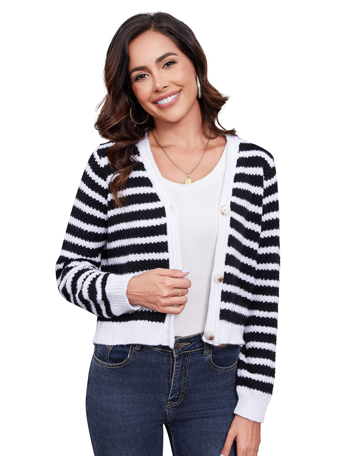 Women's Long Sleeved Striped Cardigan Sweater Top