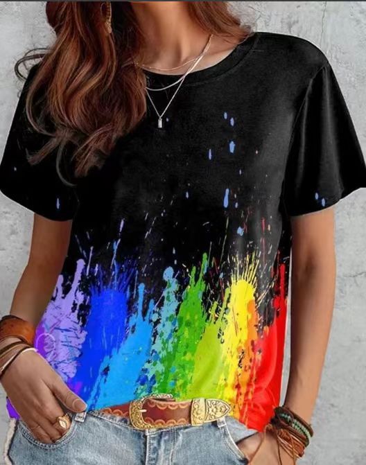 Women's T-shirt Green Blue Pink Printed Short Sleeve Casual Weekend