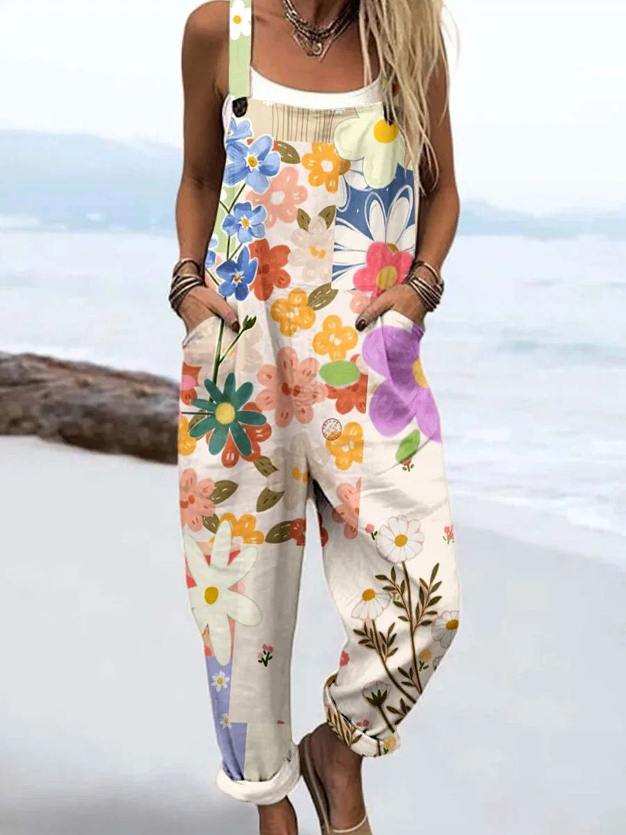 Women's Printed Pocket Wide Leg One-piece Trousers